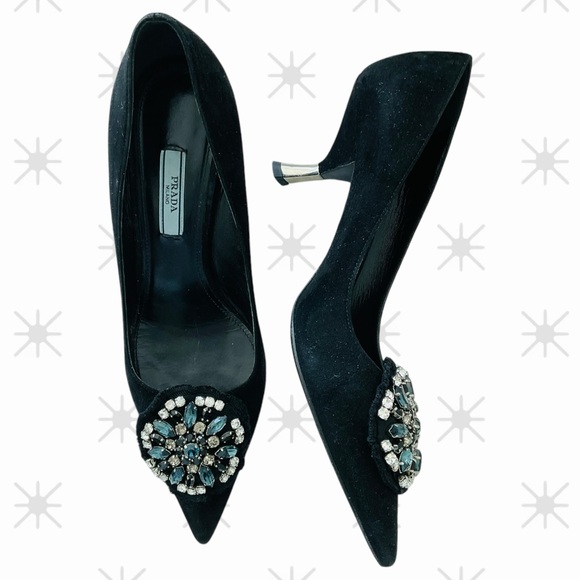 Prada Pointy Toe Pumps Kitten Stiletto Heels 39 Black Suede Crystal Brooch EUC🖤 - Picture 5 of 11